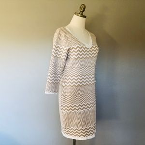 Knit Dress Medium V Neck Long Sleeves Tan White Charming Charlie